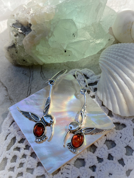 Baltic Amber Hummingbird Dangles | Sterling Silver Earrings | Light Years