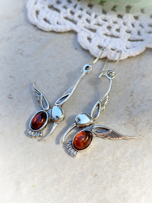 Baltic Amber Hummingbird Dangles | Sterling Silver Earrings | Light Years