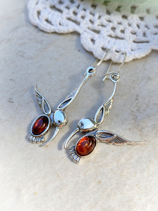 Baltic Amber Hummingbird Dangles | Sterling Silver Earrings | Light Years