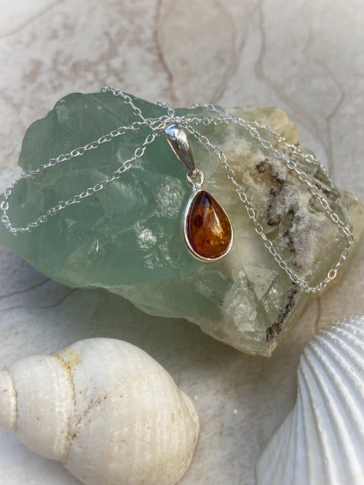 Amber Teardrop Pendant Necklace | Sterling Silver Pendant Chain | Light Years