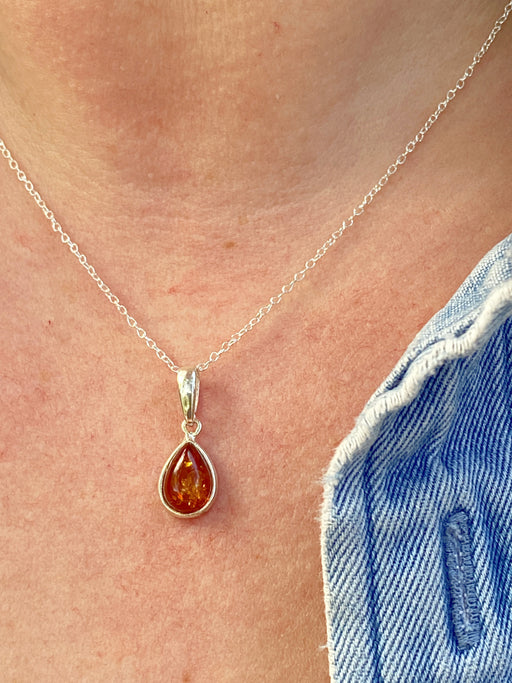 Amber Teardrop Pendant Necklace | Sterling Silver Pendant Chain | Light Years