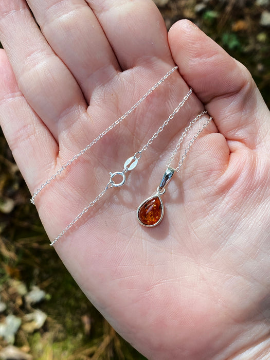 Amber Teardrop Pendant Necklace | Sterling Silver Pendant Chain | Light Years