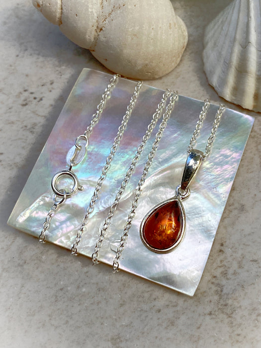 Amber Teardrop Pendant Necklace | Sterling Silver Pendant Chain | Light Years