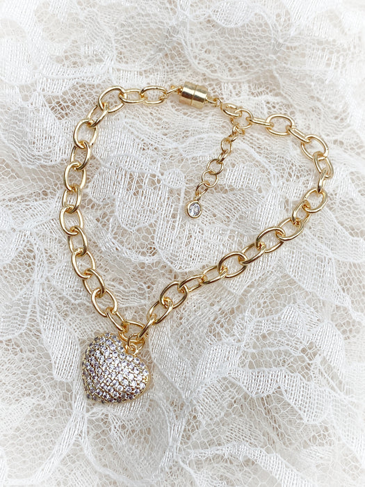 Pave CZ Puffed Heart Charm Bracelet | White Gold Plated | Light Years Jewelry