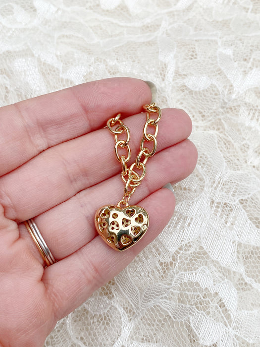 Pave CZ Puffed Heart Charm Bracelet | White Gold Plated | Light Years Jewelry