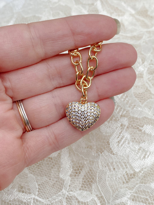 Pave CZ Puffed Heart Charm Bracelet | White Gold Plated | Light Years Jewelry