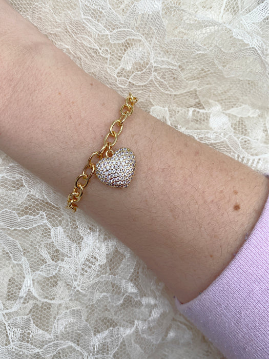 Pave CZ Puffed Heart Charm Bracelet | White Gold Plated | Light Years Jewelry