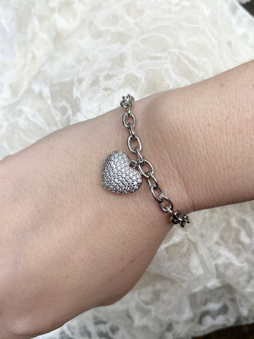 Pave CZ Puffed Heart Charm Bracelet | White Gold Plated | Light Years Jewelry