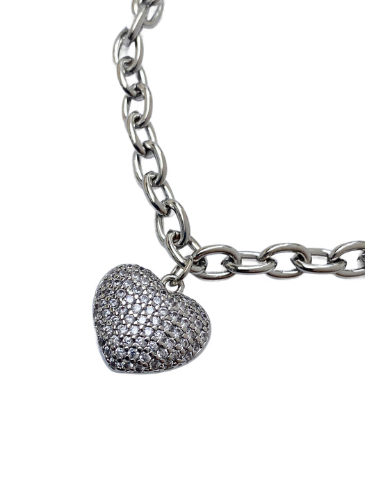 Pave CZ Puffed Heart Charm Bracelet | White Gold Plated | Light Years Jewelry