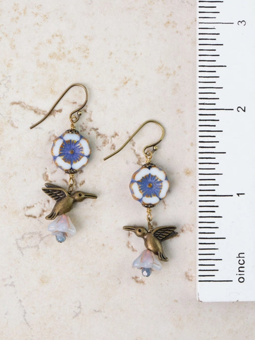 Czech Glass Flower & Hummingbird Dangles by Anne Vaughan | Handmade Brass Earrings | Light Years