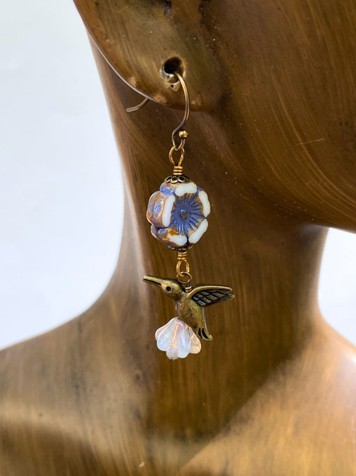 Czech Glass Flower & Hummingbird Dangles by Anne Vaughan | Handmade Brass Earrings | Light Years