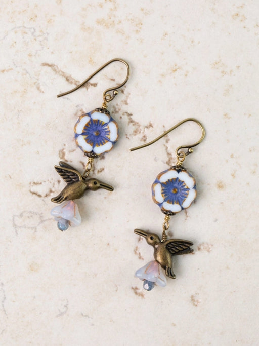 Czech Glass Flower & Hummingbird Dangles by Anne Vaughan | Handmade Brass Earrings | Light Years