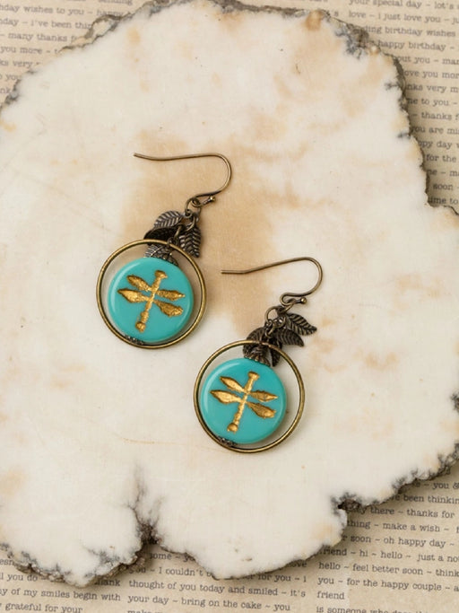 Rustic Creek Czech Glass Dragonfly Earrings by Anne Vaughan | Brass Dangles | Light Years