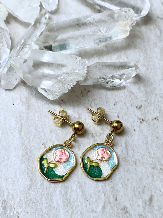Enamel Rose Post Dangles | Gold Plated Stainless Steel Earrings | Light Years