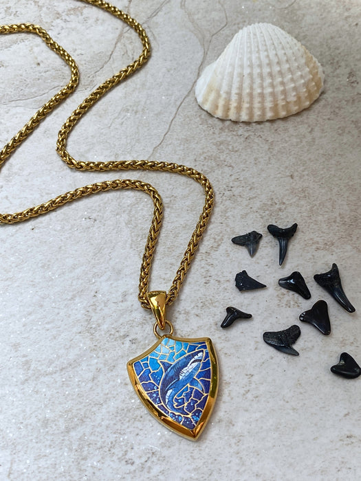 Shark Mosaic Shield Necklace | Gold Plated Stainless Steel Pendant Chain | Light Years