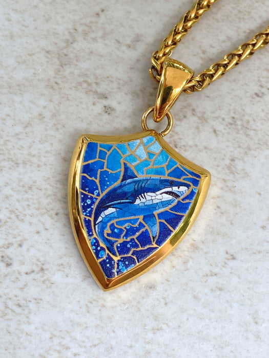 Shark Mosaic Shield Necklace | Gold Plated Stainless Steel Pendant Chain | Light Years