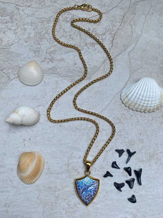 Shark Mosaic Shield Necklace | Gold Plated Stainless Steel Pendant Chain | Light Years