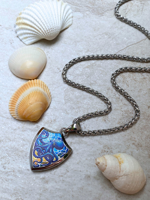 Octopus Mosaic Shield Necklace | Stainless Steel Pendant Chain | Light Years