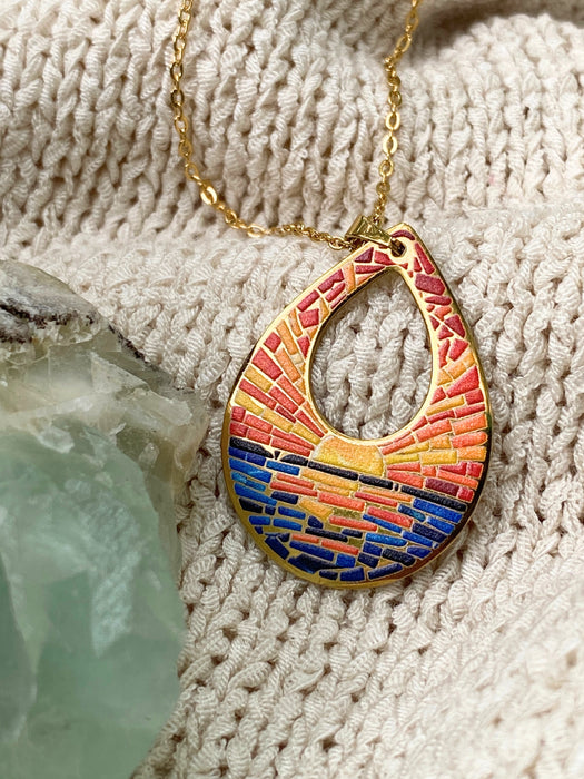 Mosaic Ocean Sunset Teardrop Necklace | Stainless Steel Pendant Chain | Light Years