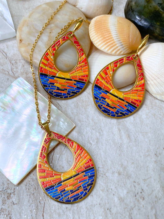 Mosaic Ocean Sunset Teardrop Necklace | Stainless Steel Pendant Chain | Light Years