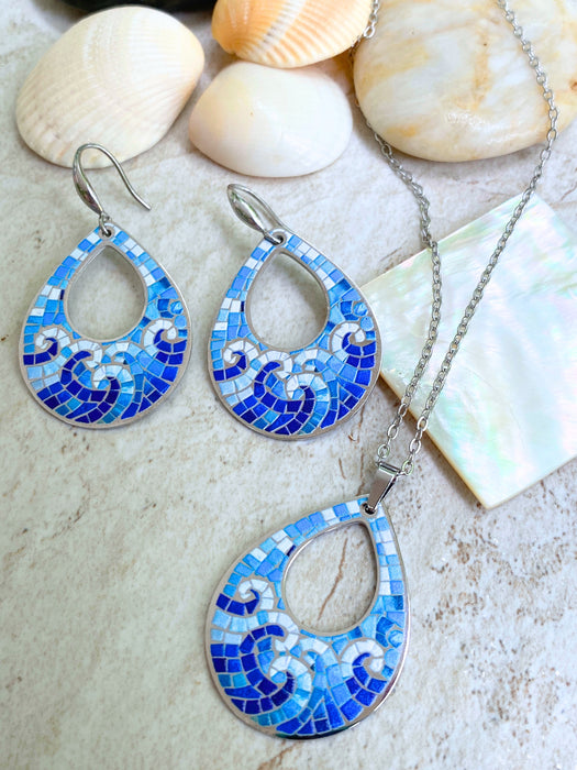 Mosaic Ocean Waves Teardrop Necklace | Stainless Steel Pendant Chain | Light Years
