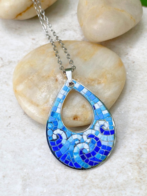 Mosaic Ocean Waves Teardrop Necklace | Stainless Steel Pendant Chain | Light Years