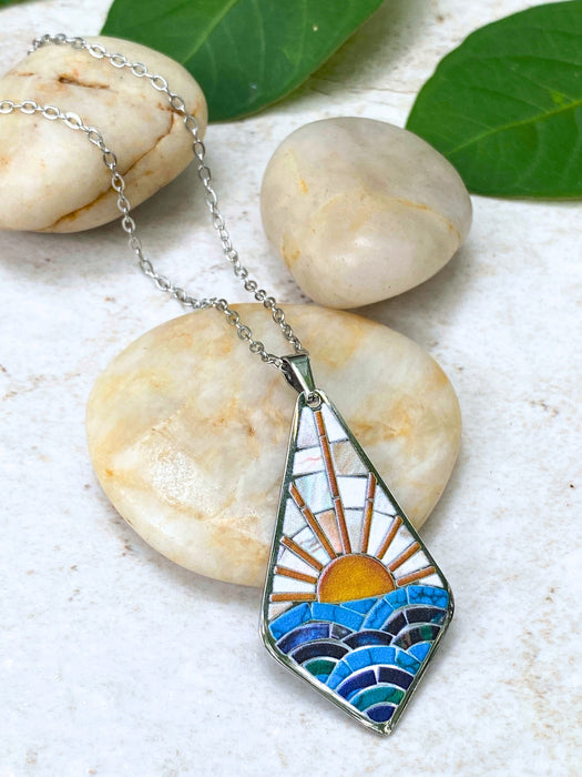 Mosaic Ocean Sunrise Necklace | Stainless Steel Pendant Chain | Light Years