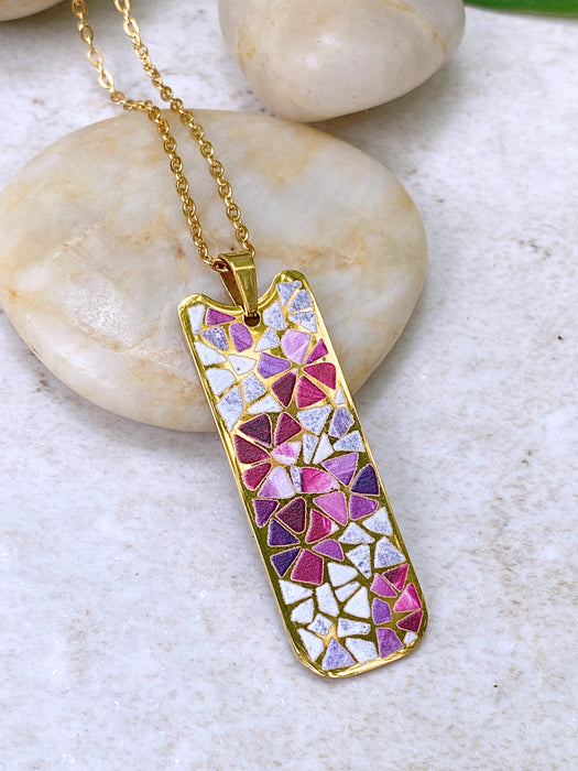 Mosaic Pink Flowers Necklace | Stainless Steel Chain Pendant | Light Years