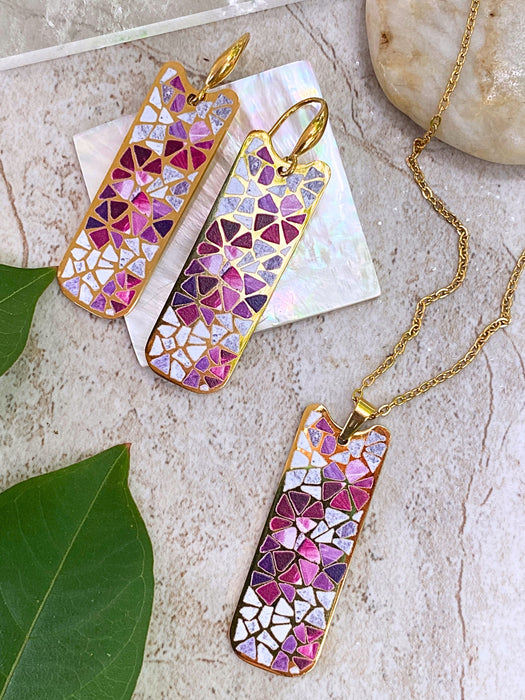 Mosaic Dangles with Pink Flowers | Gold Stainless Steel Earrings | Light Years