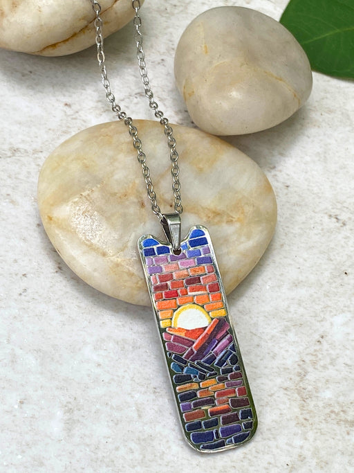 Mosaic Mountain Sunrise Necklace | Stainless Steel Chain Pendant | Light Years