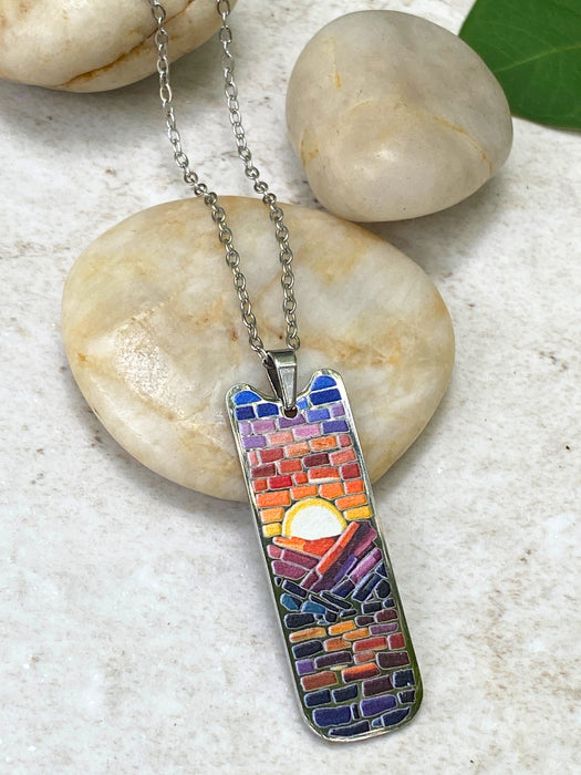Mosaic Mountain Sunrise Necklace | Stainless Steel Chain Pendant | Light Years