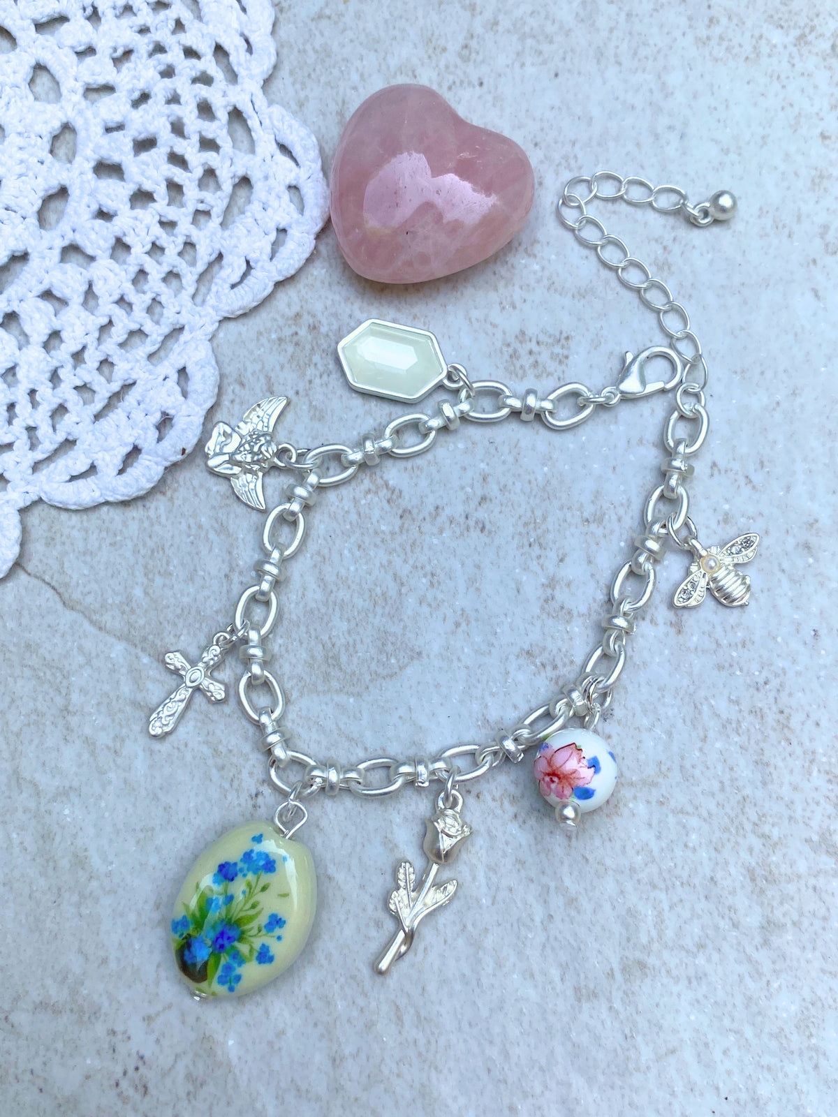 Romantic Floral Charm Bracelet | Matte Silver Tone Link Chain