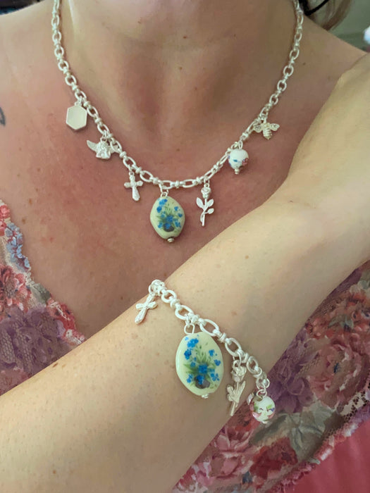Romantic Floral Charm Bracelet | Matte Silver Tone Link Chain | Light Years