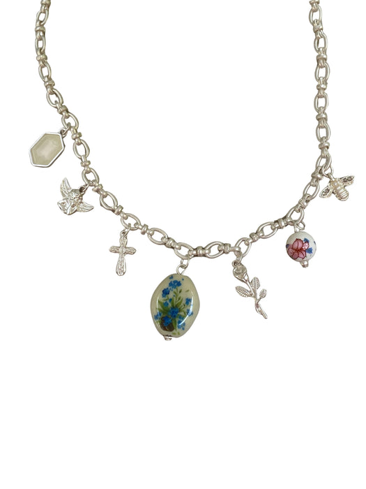 Romantic Floral Charm Necklace | Matte Silver Chain Beaded | Light Years