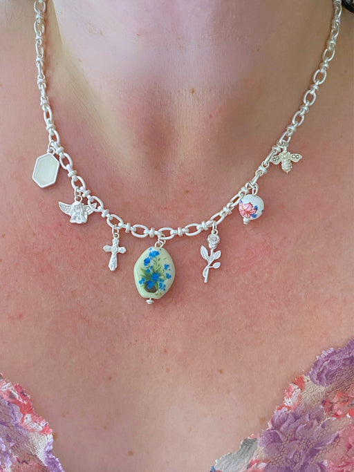 Romantic Floral Charm Necklace | Matte Silver Chain Beaded | Light Years