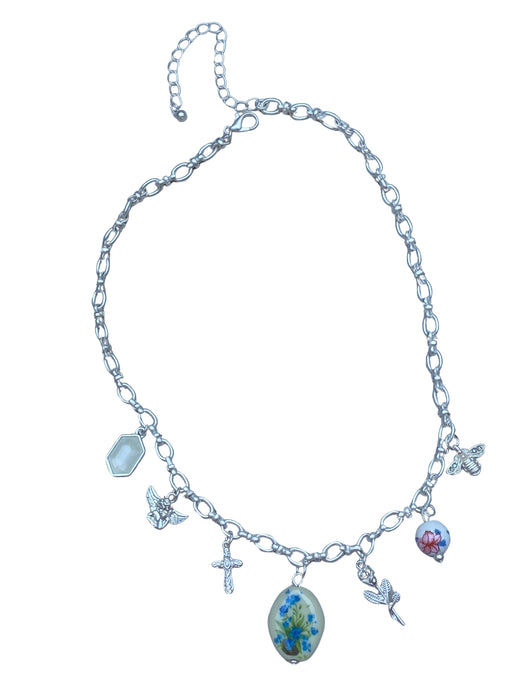 Romantic Floral Charm Necklace | Matte Silver Chain Beaded | Light Years
