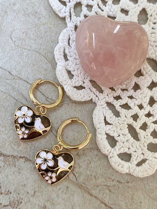 Enamel Bird & Heart Huggie Hoops | Gold Plated Earrings | Light Years