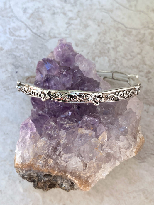 Flowers & Swirls Stretch Bangle Bracelet | Silver Fashion | Light Years