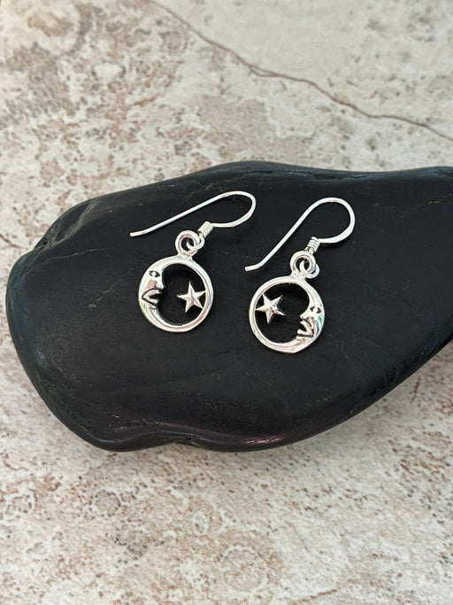 Encircled Moon & Star Dangles |  Sterling Silver Earrings | Light Years