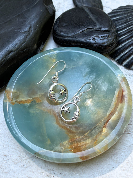 Encircled Moon & Star Dangles |  Sterling Silver Earrings | Light Years