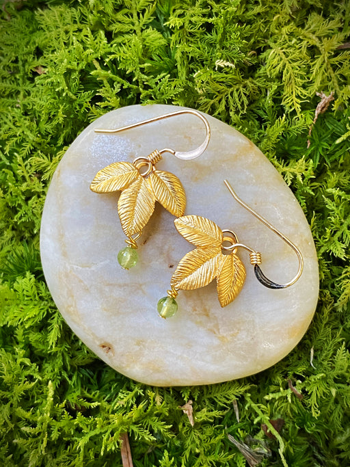 Leaf & Peridot Bead Charm Earrings | 14kt Gold Filled Dangles | Light Years