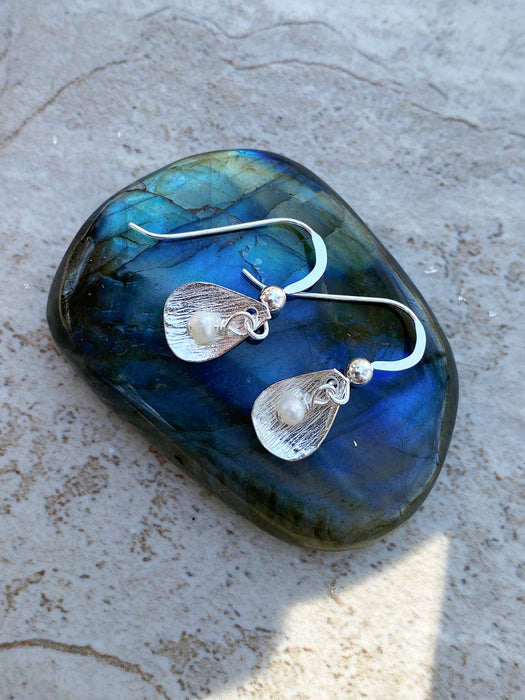 Pearl Petal Drop Earrings | Sterling Silver Dangles | Light Years Jewelry
