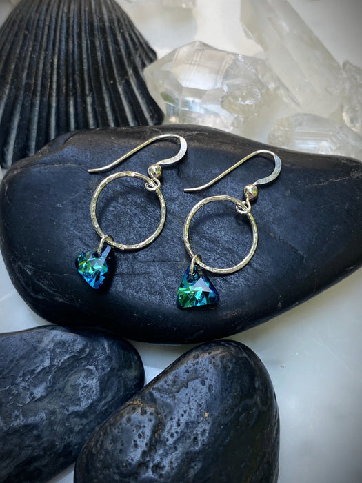 Hammered Circle Crystal Dangles | Sterling Silver Earrings | Light Years