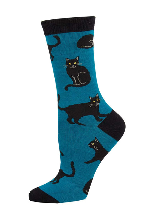 Bold Black Cat Bamboo Socks | Blue Yellow Crew | Light Years Jewelry