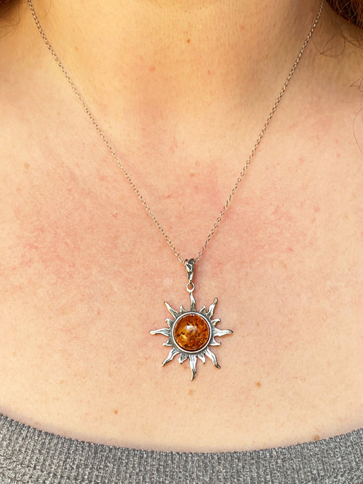 Large Amber Sun Necklace | Sterling Silver Pendant Chain | Light Years