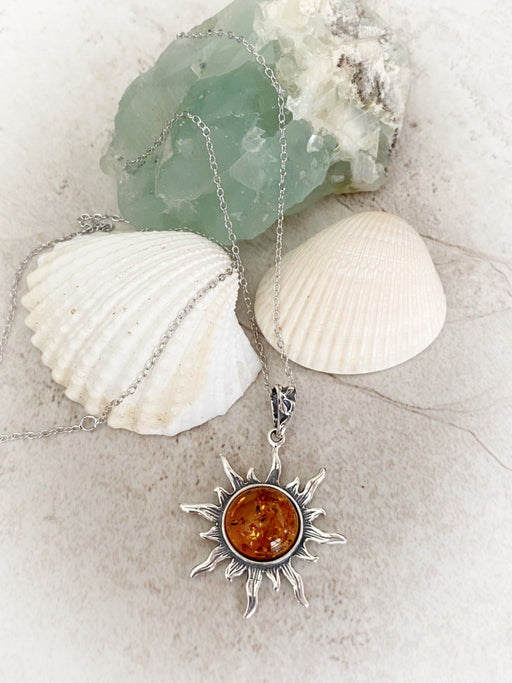 Large Amber Sun Necklace | Sterling Silver Pendant Chain | Light Years