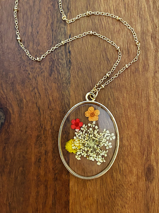 Vintage Oval Pressed Flowers Necklace | Gold Plated Chain | Light Years