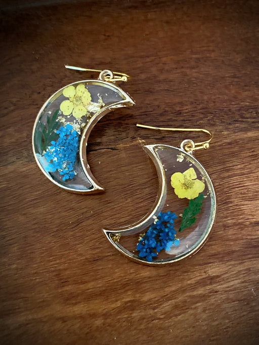 Pressed Flower Crescent Moon Dangles | Gold Earrings | Light Years Jewelry
