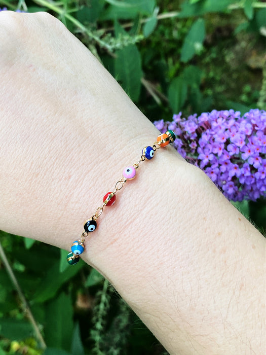 Petite Rainbow Evil Eye Bracelet | Gold Plated Link Chain | Light Years Jewelry