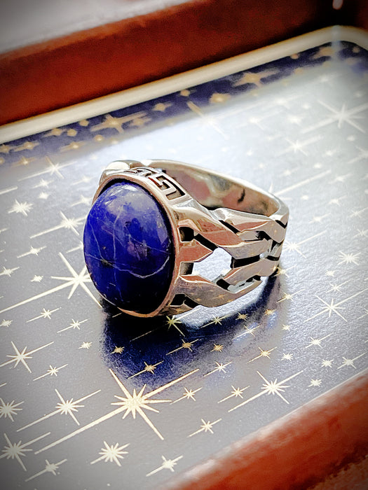 Braided Lapis Cabochon Men's Ring | Sterling Silver Size 9 10 11 | Light Years Jewelry